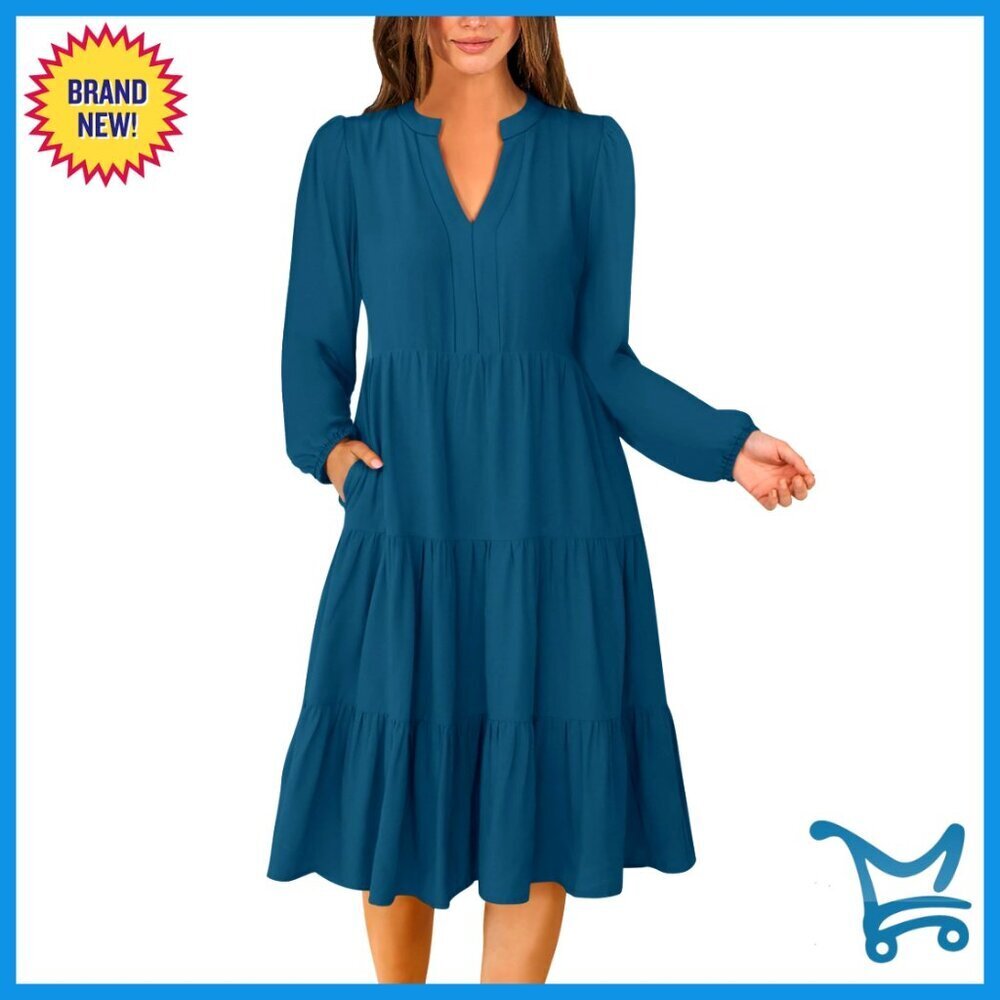 Long Sleeve Midi Dress V Neck Loose Fit Flowy Tiered Boho Casual with Pockets